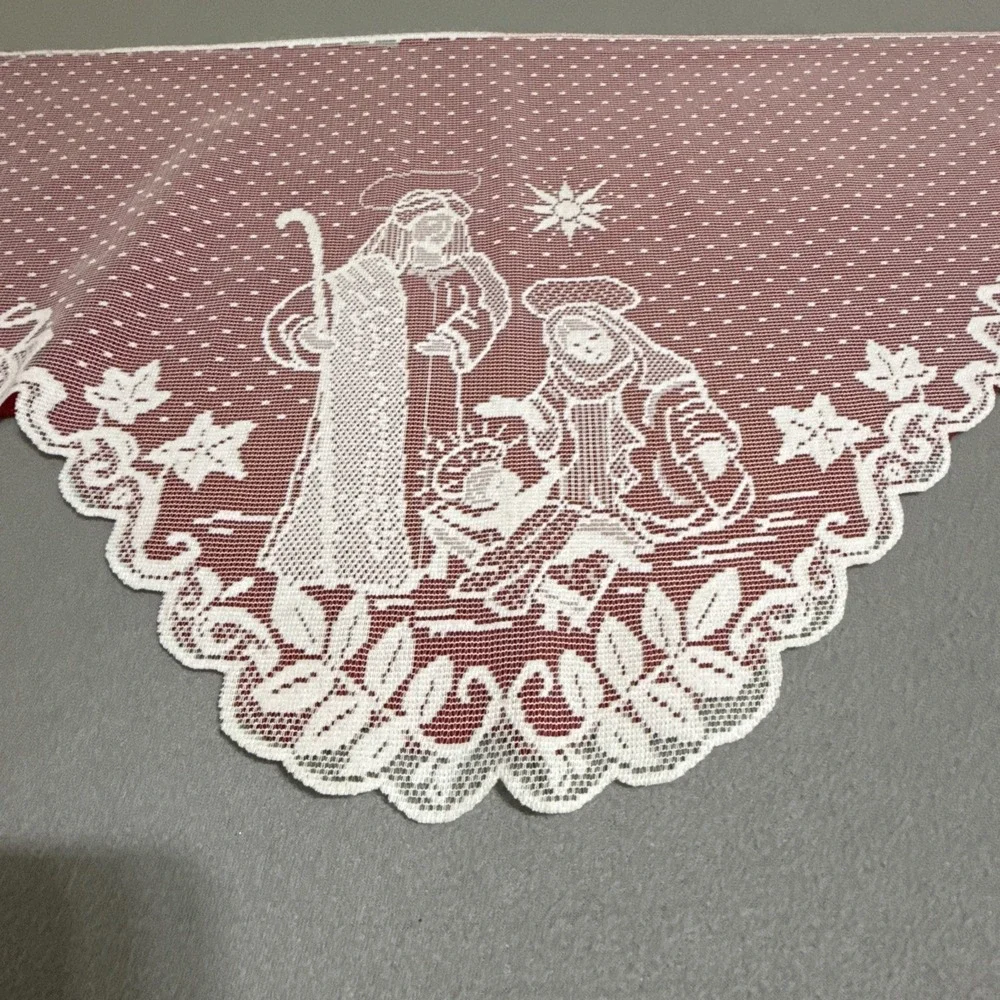 Vtg Christmas Silent Night Nativity Scene Lace Valance Felt Back Topper Handmade